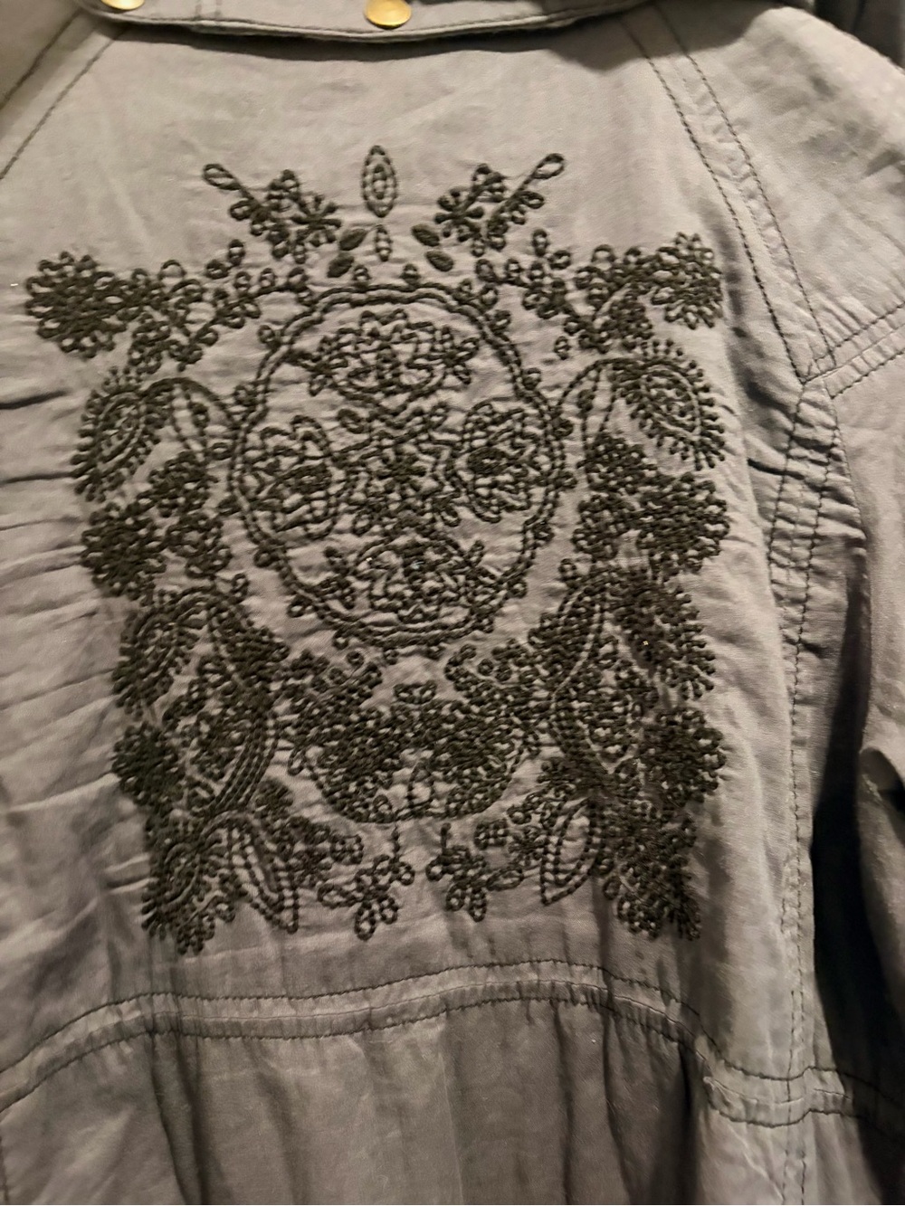 Free People Hooded Jacket Size 6 Navy Black Embroidered Utility Boho Snap Front